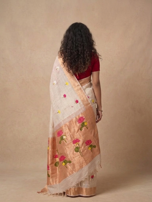 White silk Linen Saree with floral motifs