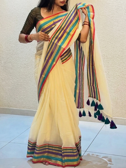 Off white mulmul cotton saree multi border