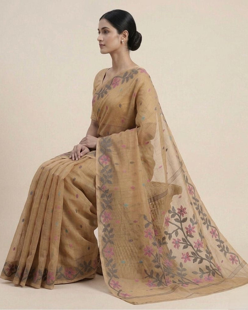 Light brown handmade jamdani pure Resham Silk