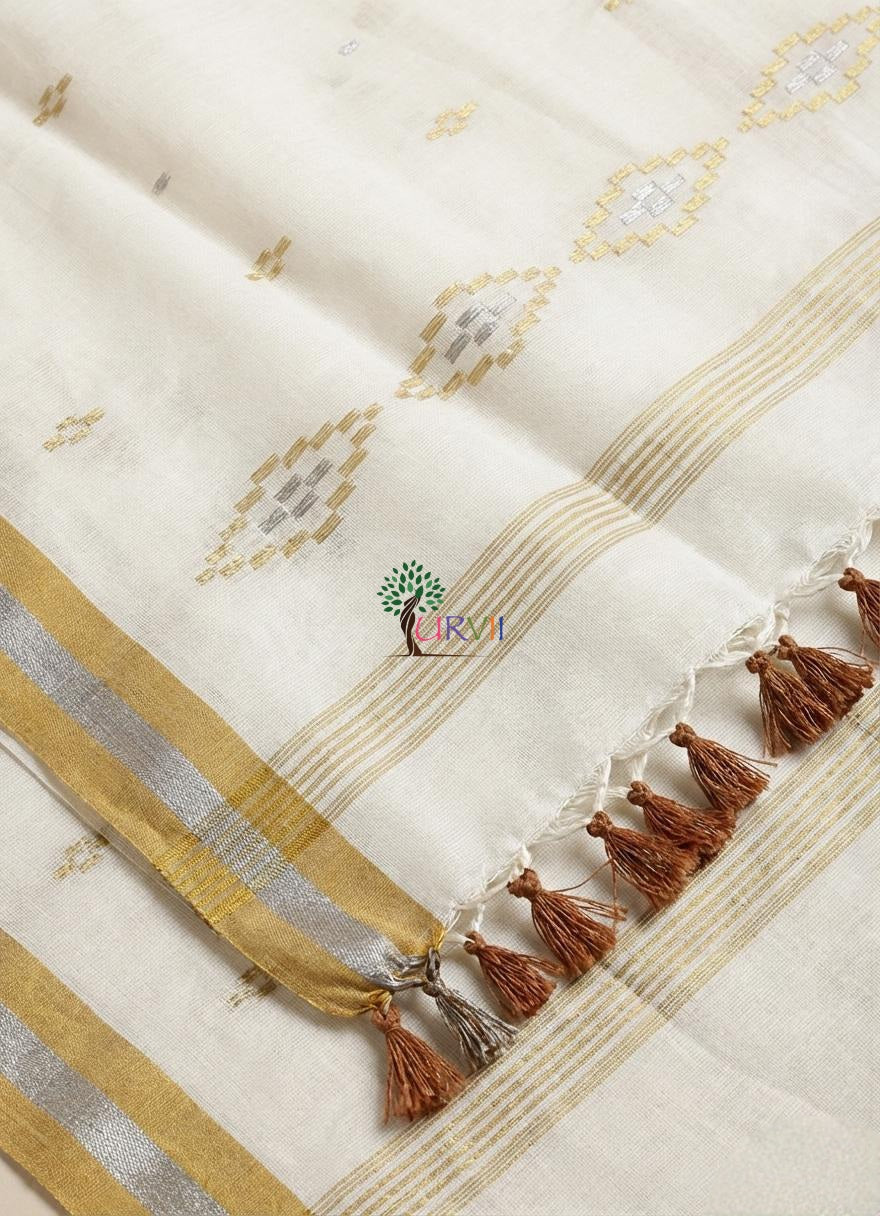 Offwhite mulmul cotton saree