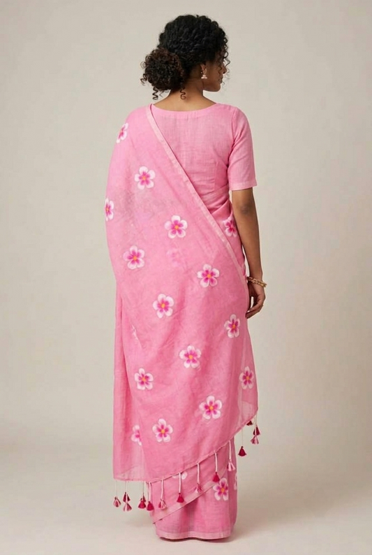 Soft Pink Floral Printed Mul Cotton Saree