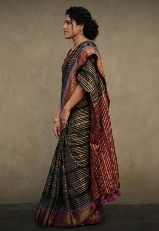Stunning Traditional Kanchi border Black Saree with Gold Zari Stripes