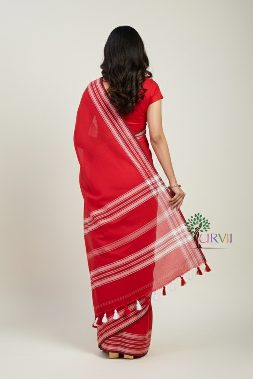 Red mulmul cotton saree