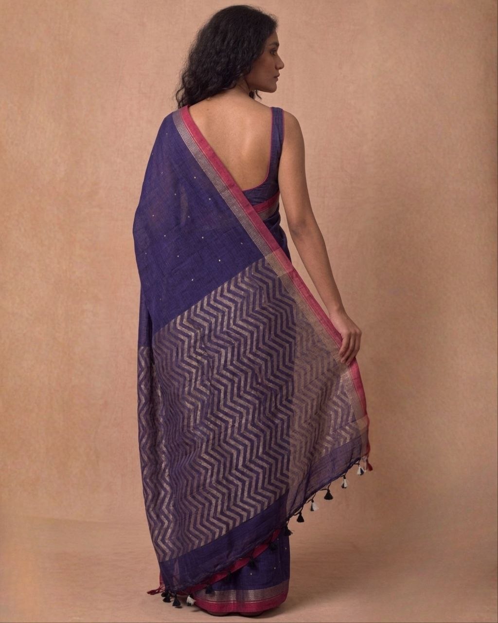 Deep mauve organic cotton linen saree