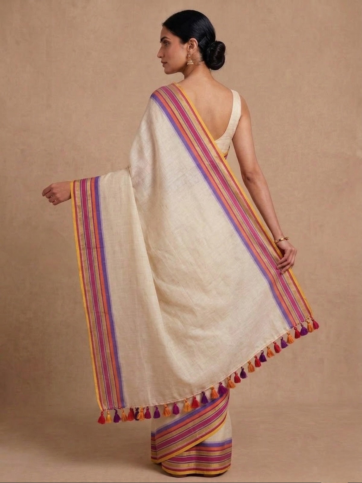 White mulmul cotton saree multi border