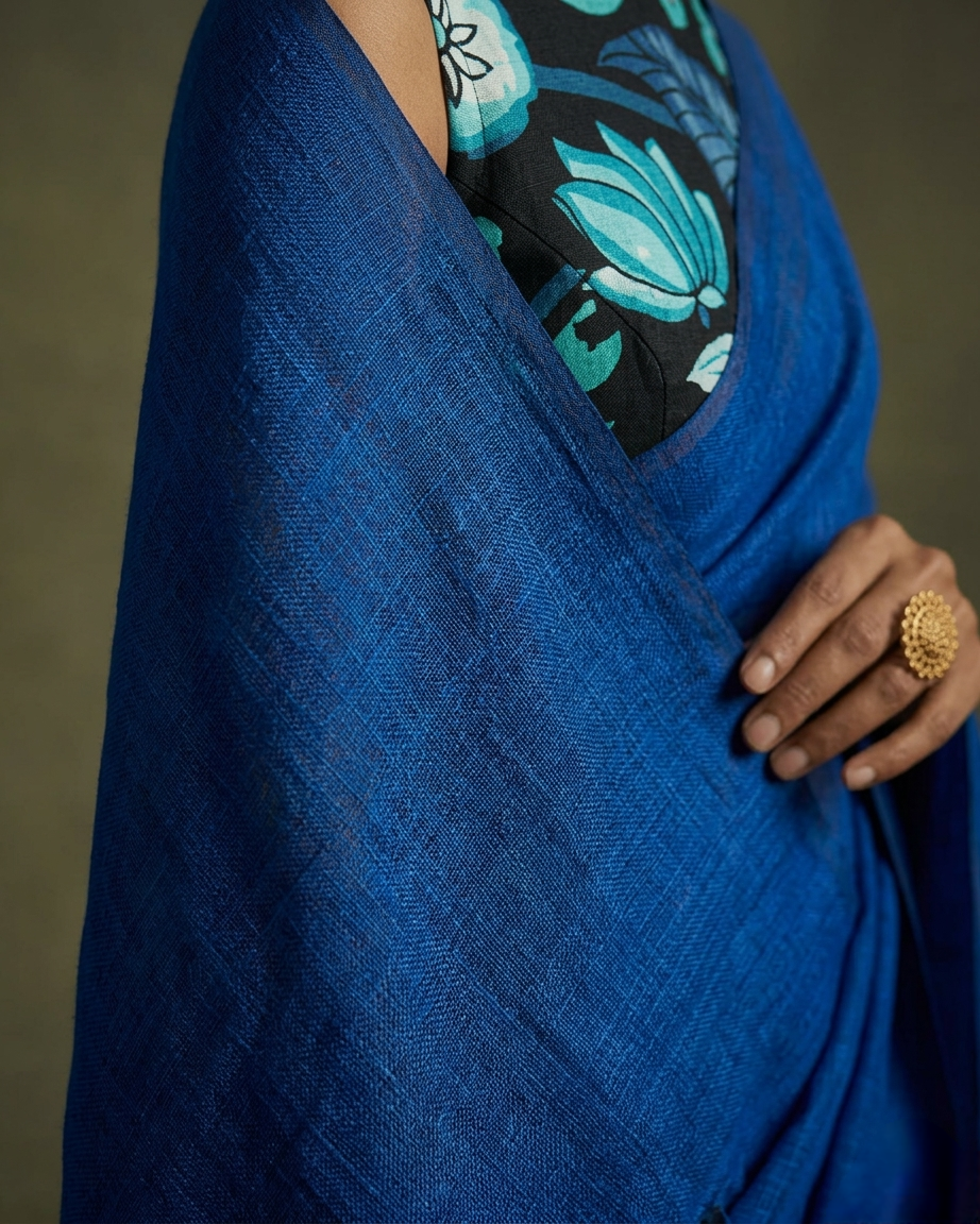Royal blue color mangalgiri cotton saree with hand-painted kalamkari bP