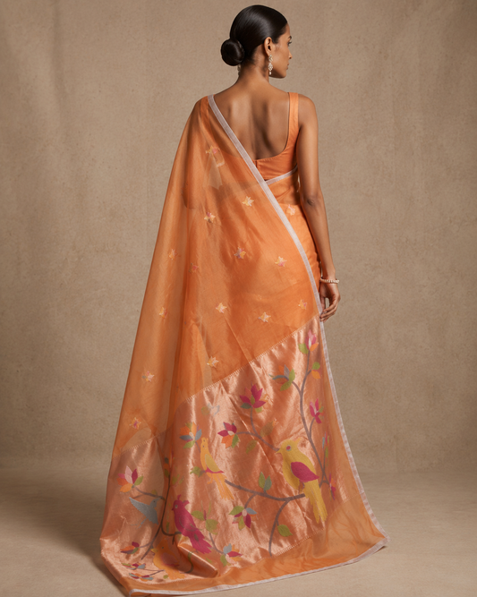 Orange handspun resham silk saree