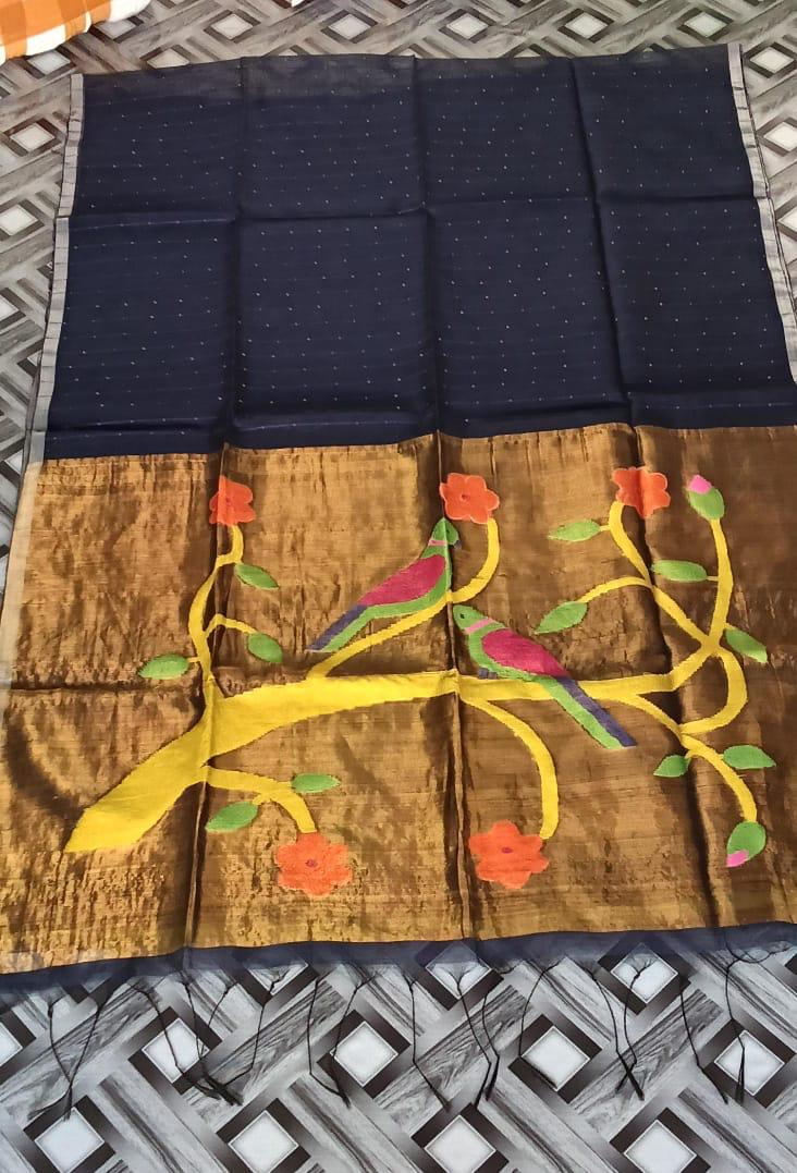 Midnight blue handspun resham paithni silk saree