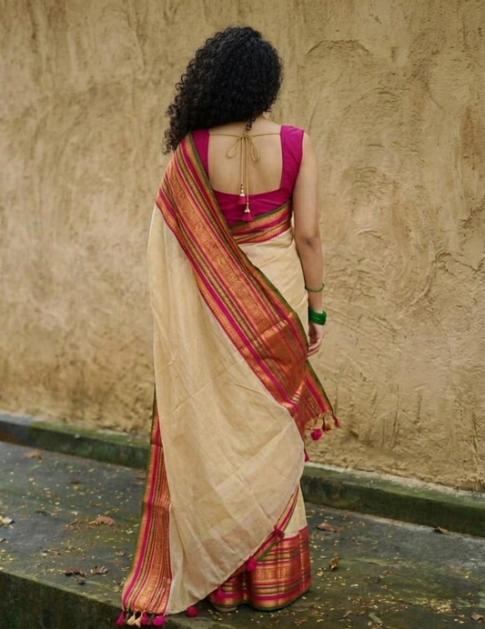 Off white pink zari border mulmul cotton saree