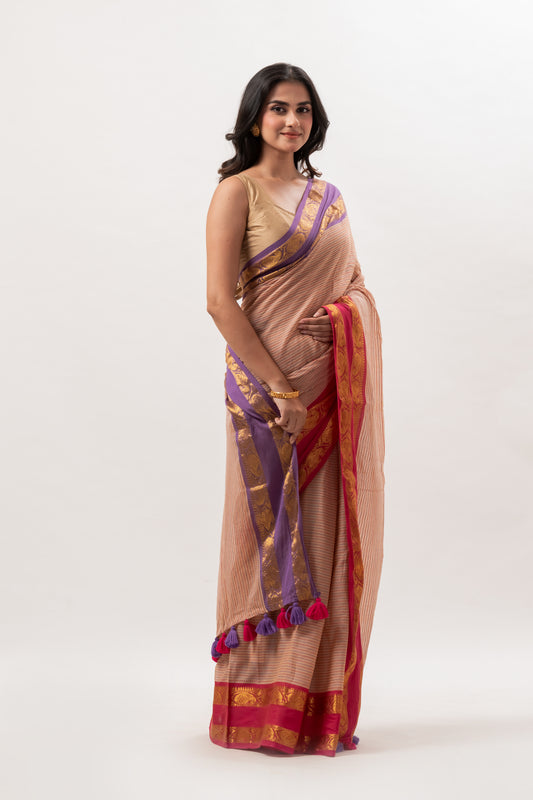 Beige Striped Mul Cotton Saree with Ganga Jamuna Border