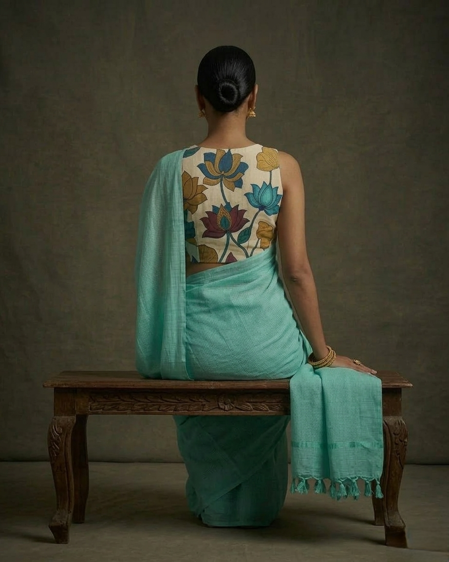 Sea-green color mangalgiri cotton sarees with hand-painted kalamkari bP