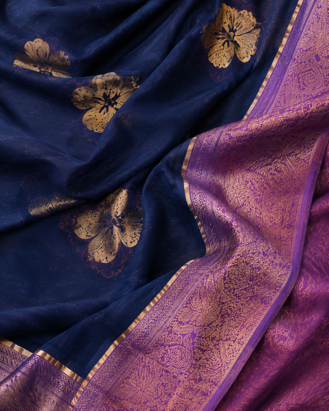 Navy blue mulmul cotton flower motif saree