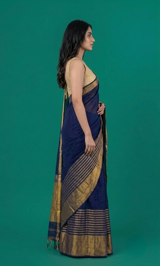 Blue broad zari border Linen Saree