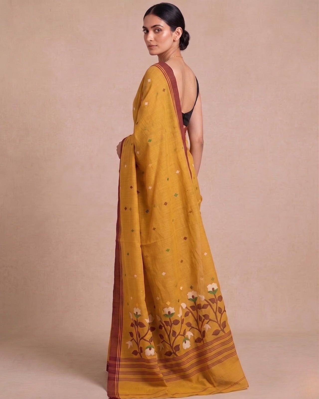 Mustard handloom cotton jamdani saree