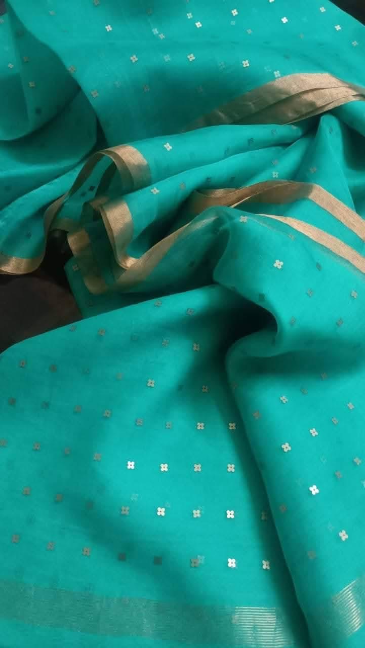 Turqoise blue all over sequins Resham silk saree