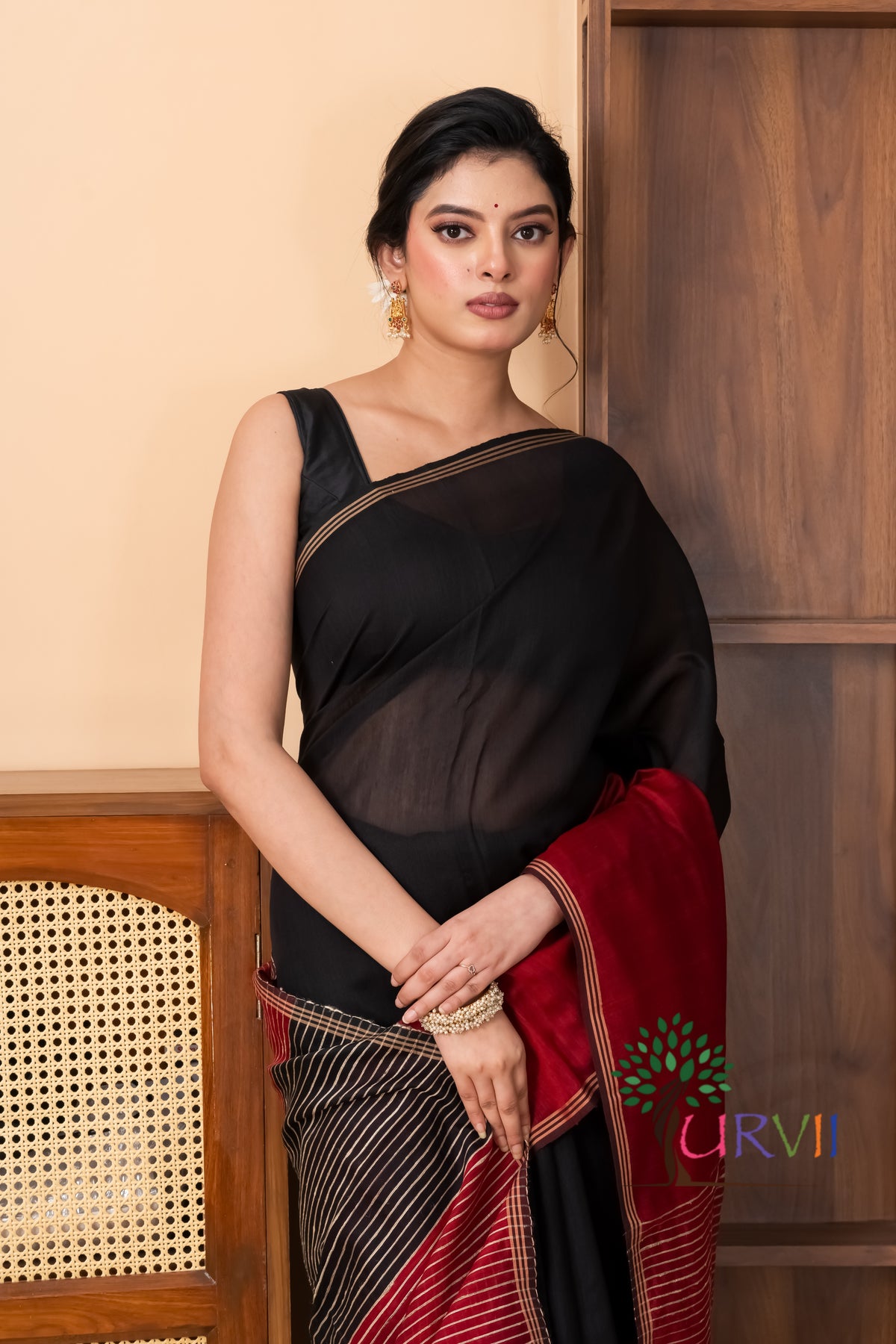 Half n half cotton silk black red saree