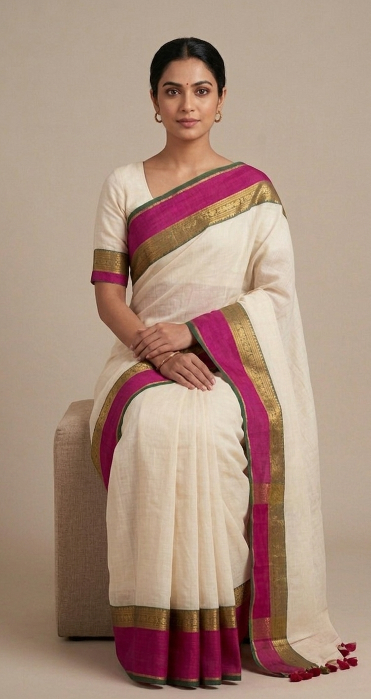 White mulmul cotton pink border saree
