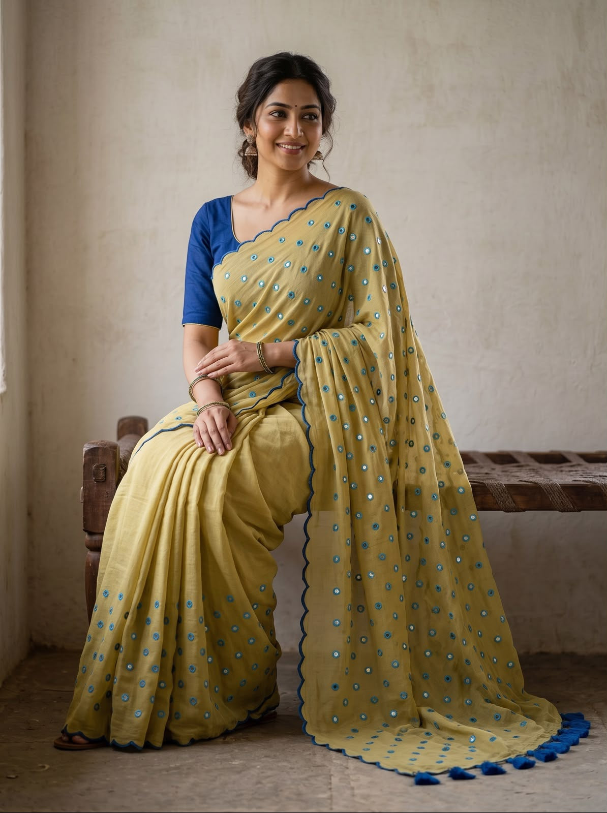 Mehendi green scallop Border Mirror Work Saree