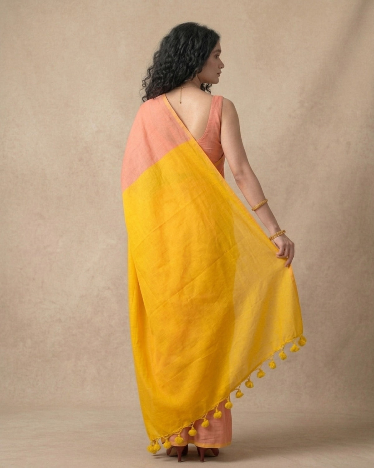 Khadi cotton saree plain solid peach and yellow