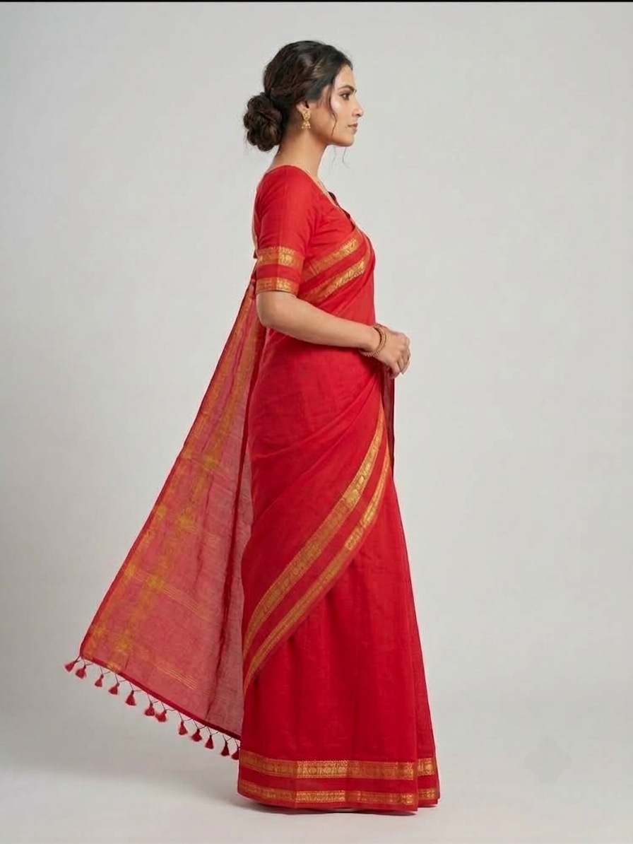 Classic red Handloom Cotton Saree with Zari Kanchi Border