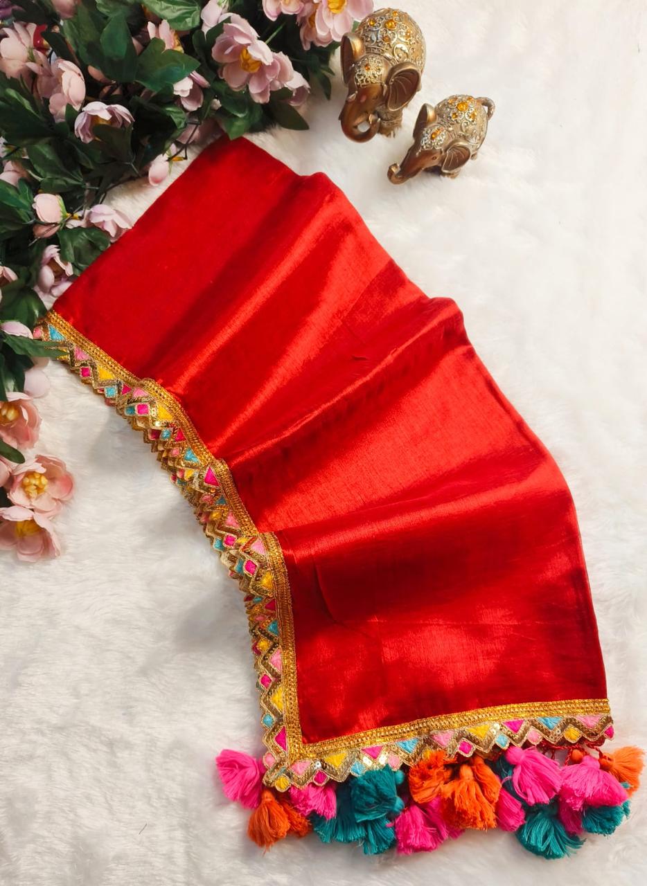 Zari border tomato red tissue Cotton saree