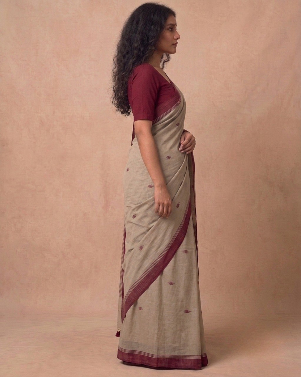 Mitti color handspun cotton saree with maroon bootis