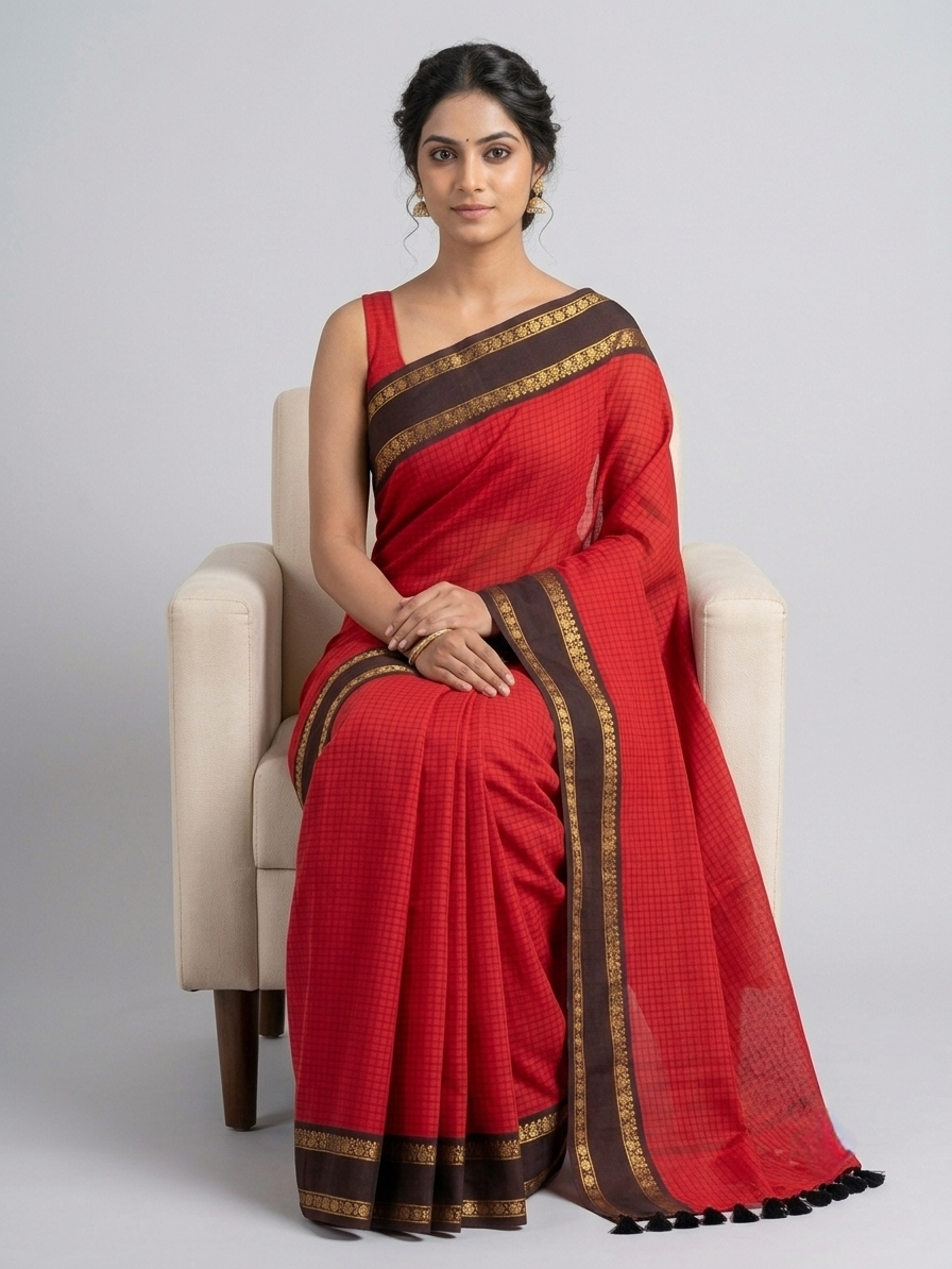 Classic red mul Cotton Saree with black zari Kanchi Border