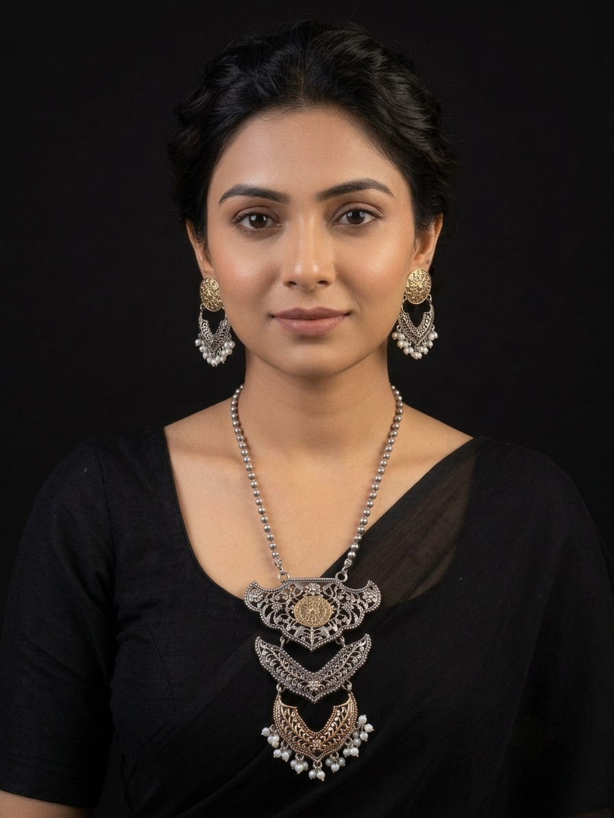 Silver replica dual-tone Statement Necklace and Earring Set with Pearl Accents