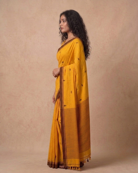 Mustard color handspun cotton saree with maroon bootis