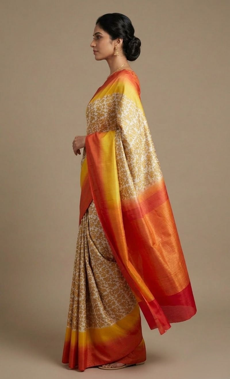 Orange yellow pure silk saree
