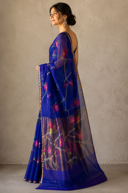 Cobalt Blue Handspun White Resham Paithani Silk Saree
