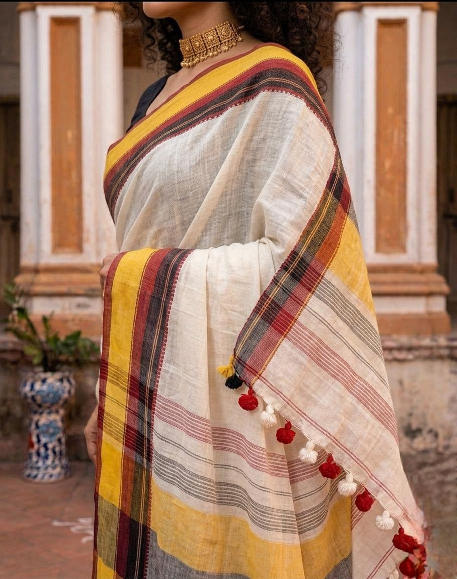 Yellow red border handspun cotton saree