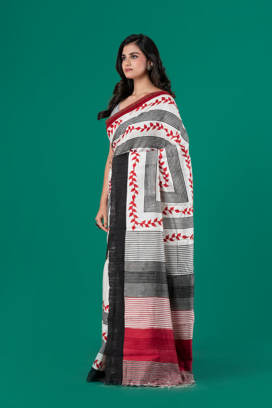 Printed matka silk saree in red and black