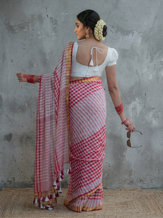 Red and White Checkered Cotton Saree with Golden Border