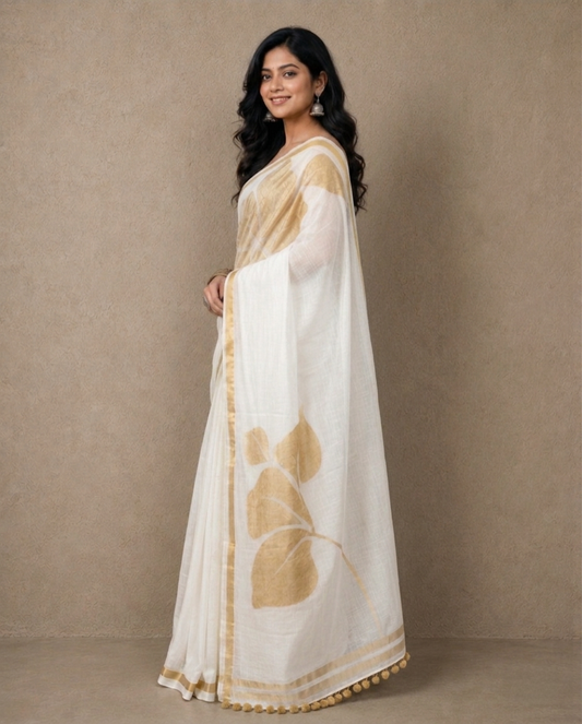 Golden flower white mulmul cotton saree