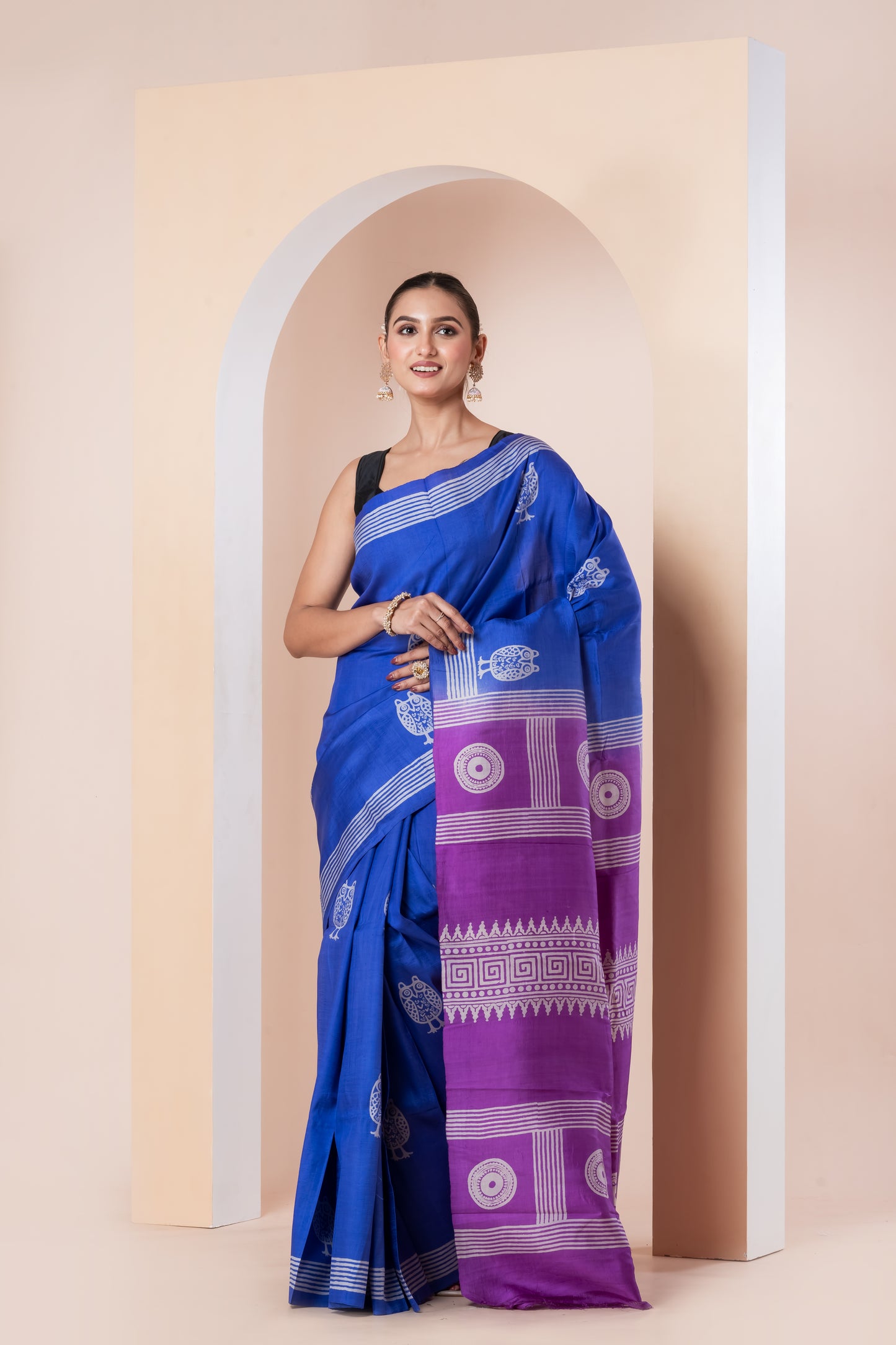 Royal blue Printed Pure silk