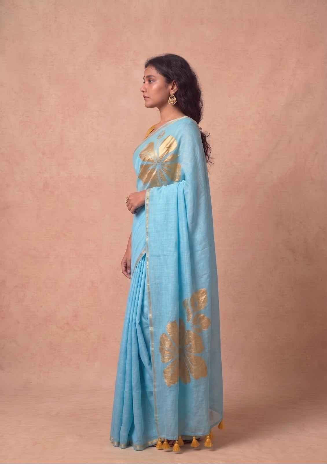 Golden flower sky blue mulmul cotton saree