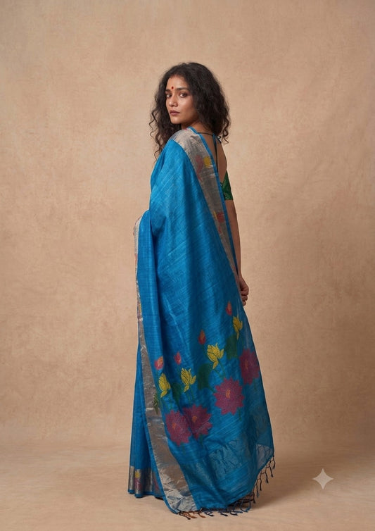 Turqoise blue tussar Jamdani saree