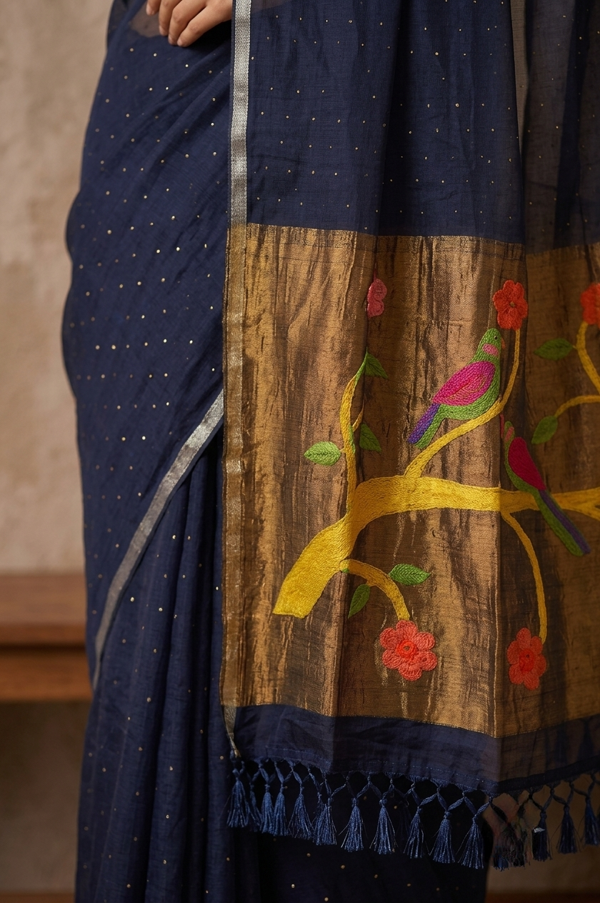 Midnight Blue Handspun Resham Paithni Silk Saree