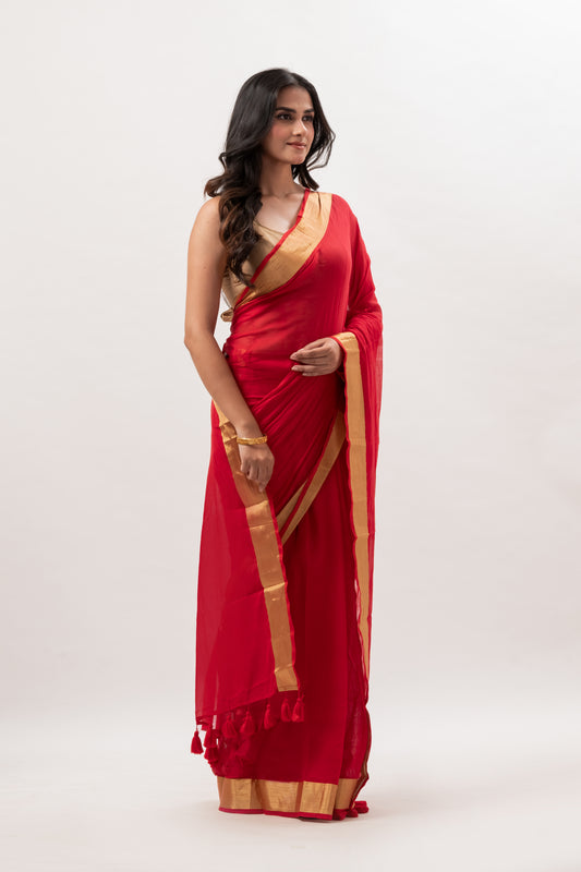 Vermillion red gold zari border mulmul saree