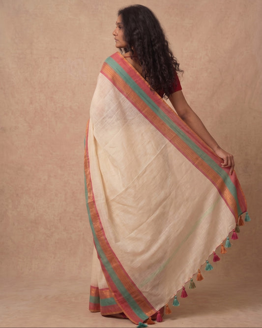 Off white triple zari border mulmul saree