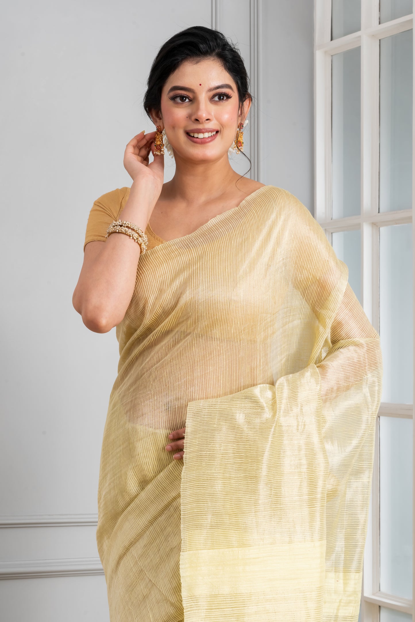 Lemon yellow Striped Matka silk saree