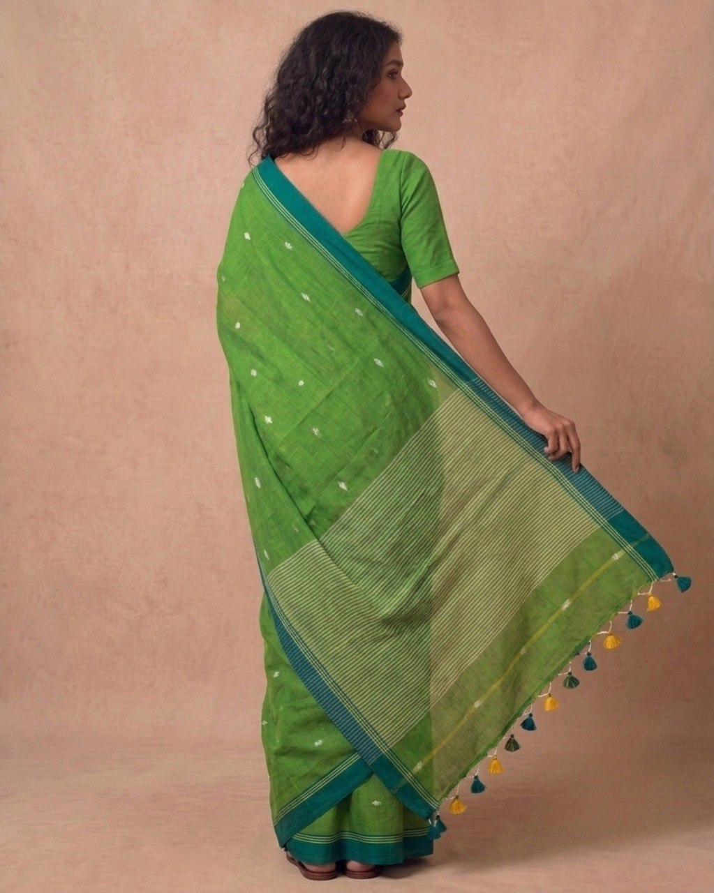 Green handspun cotton saree with white bootis