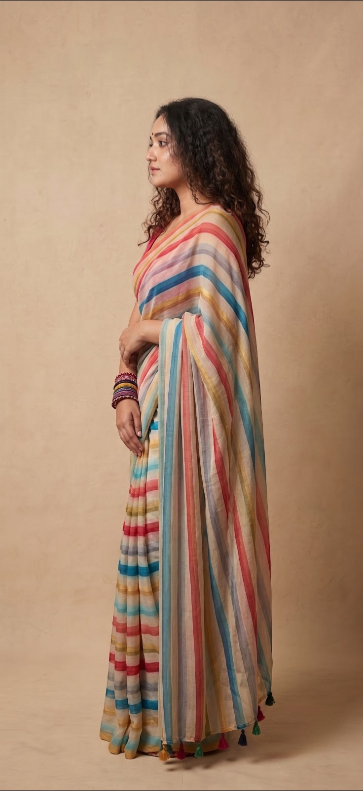 Multi colour striped mulmul cotton saree