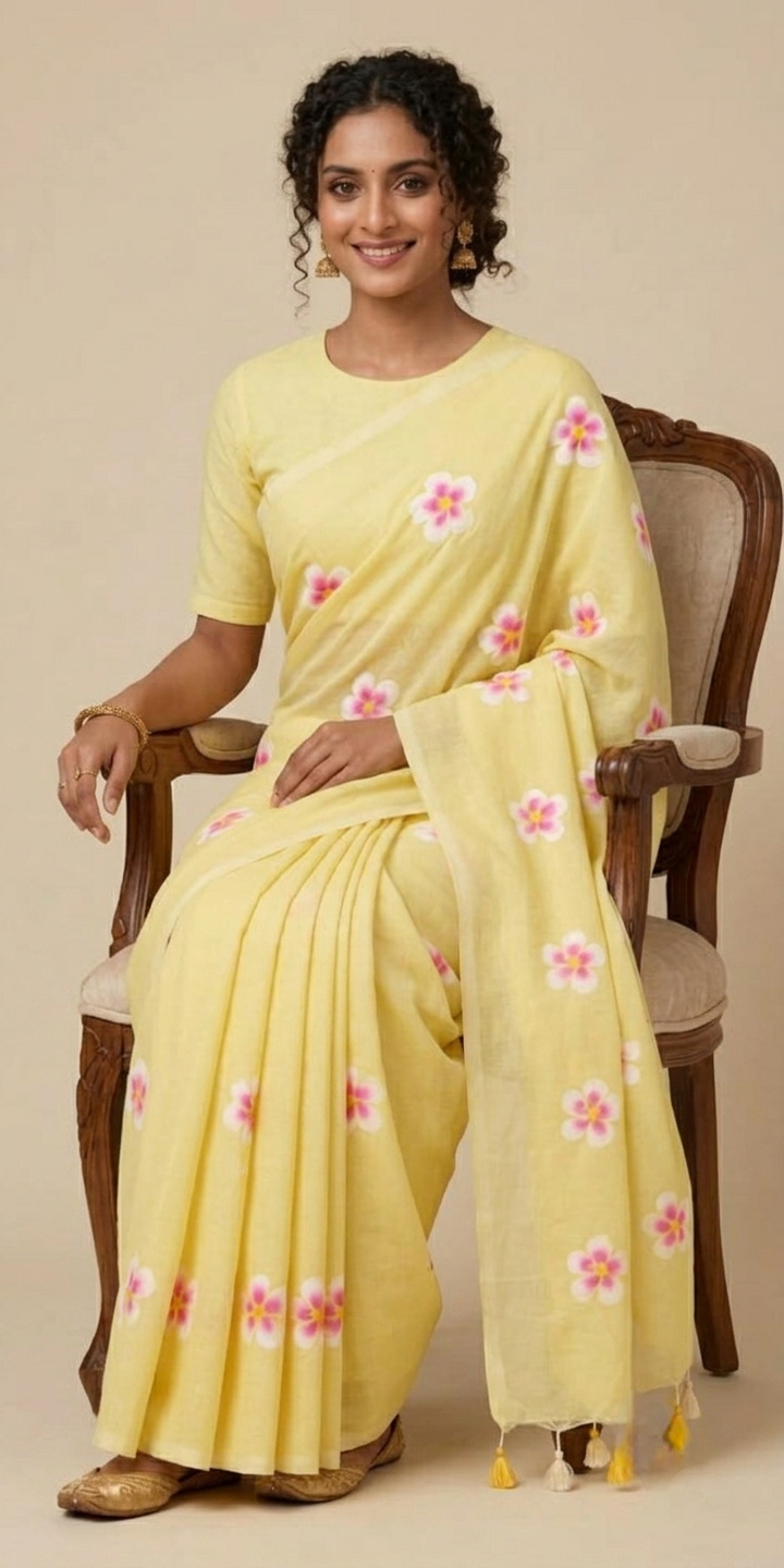 Lemon yellow floral Printed Mul Cotton Saree