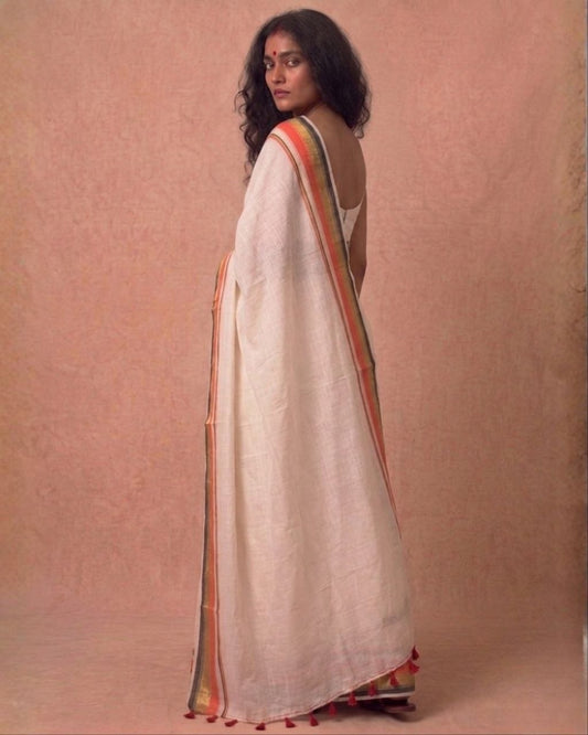 Off white orange zari border mulmul saree