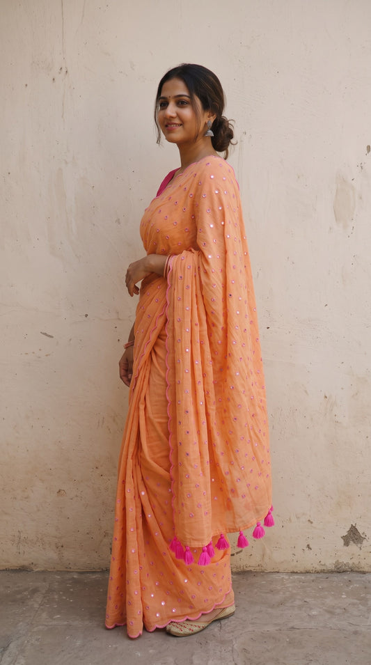 Light Orange scallop Border Mirror Work Saree