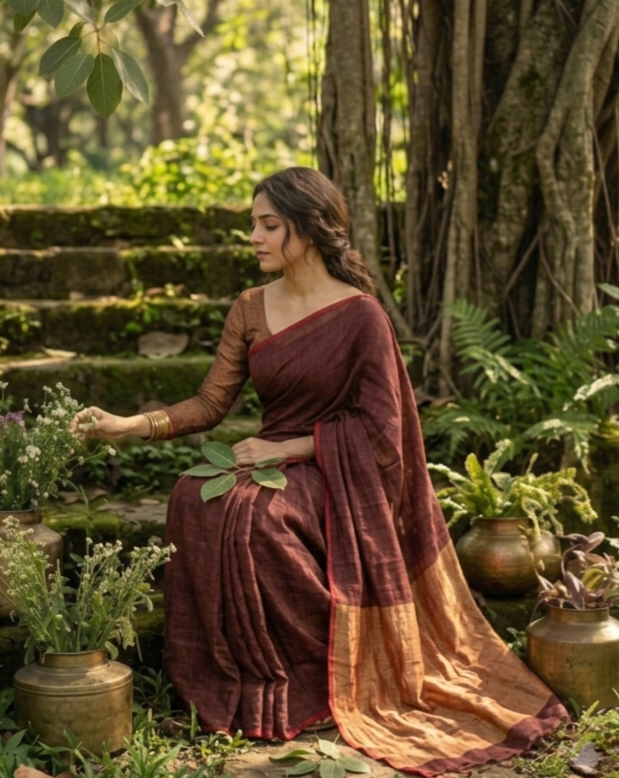 Maroon pure Linen Saree