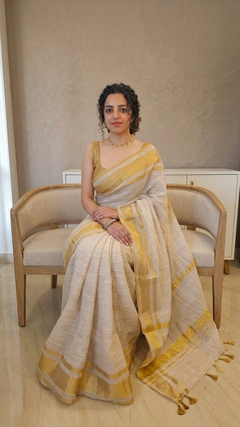 Golden zari border pure linen saree