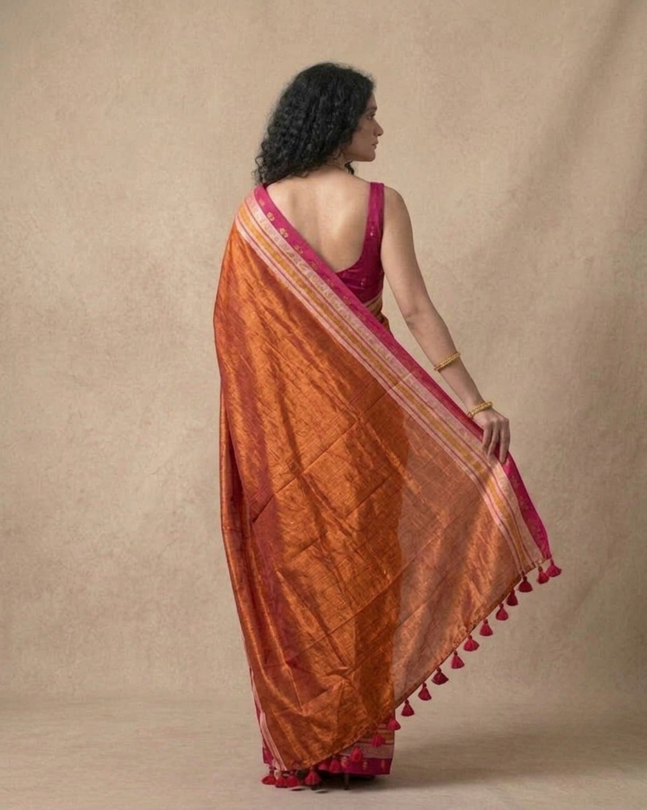 Red tissue mul cotton saree with woven borders